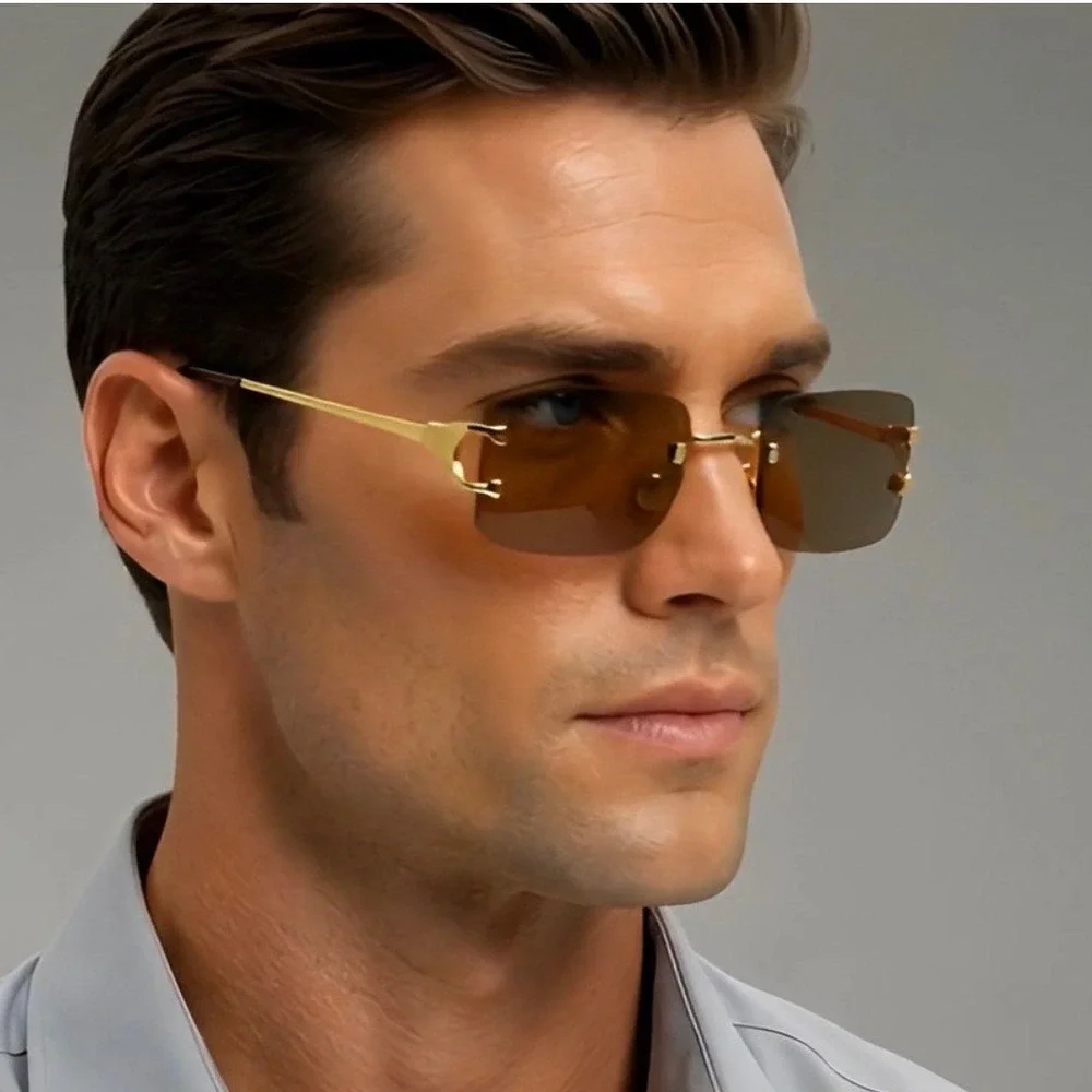 Men Sunglasses Dark Brown Lens Gold Accents Rectangle Frame Men's Fashion Trendy